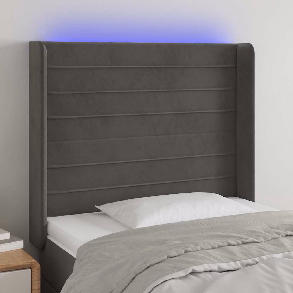 Testiera per letto vidaXL in velluto grigio con illuminazione LED e porta di ricarica USB, L/P/H: 83 x 16 x 118/128 cm