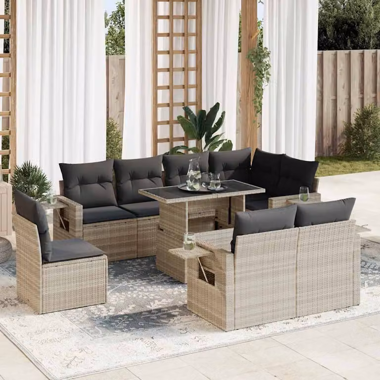 Set Divano da Giardino vidaXL 9pz in Polyrattan con Cuscini Grigio Chiaro
