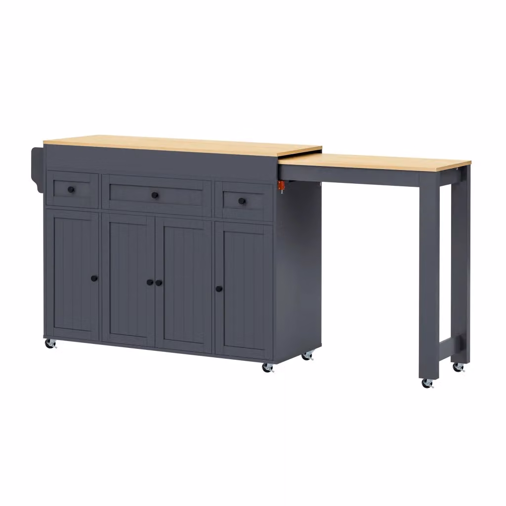 Isola cucina moderna in MDF con 3 cassetti, ripiani regolabili e piano estraibile, grigio opaco, H: 92,0 cm, L: 137,0 cm, P: 45,2 cm – 2