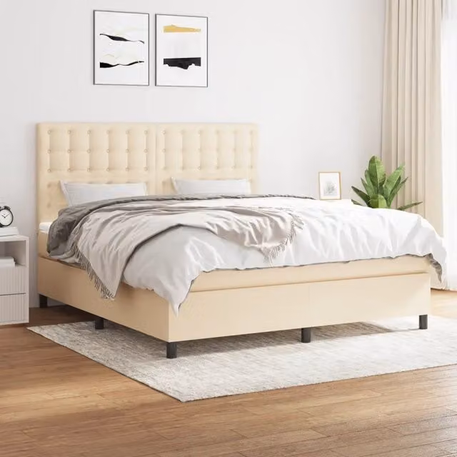 Letto Ibrido con Giroletto a Molle e Materasso vidaXL in Tessuto Beige e Bianco L: 180 cm, P: 200 cm, H: 128 cm