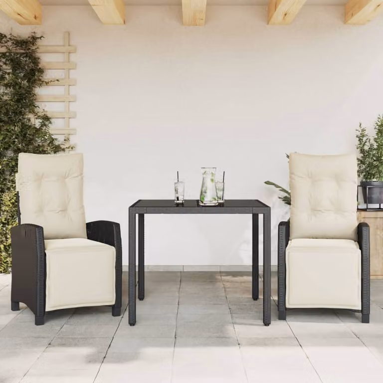 Set da Pranzo da Giardino 3 pz vidaXL in Polyrattan Nero con Cuscini e Tavolo in Vetro