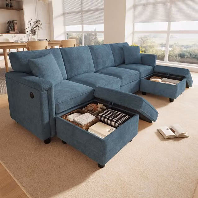 Divano modulare blu in ciniglia 261x134x82 cm con 2 pouf contenitore; USB e Type-C