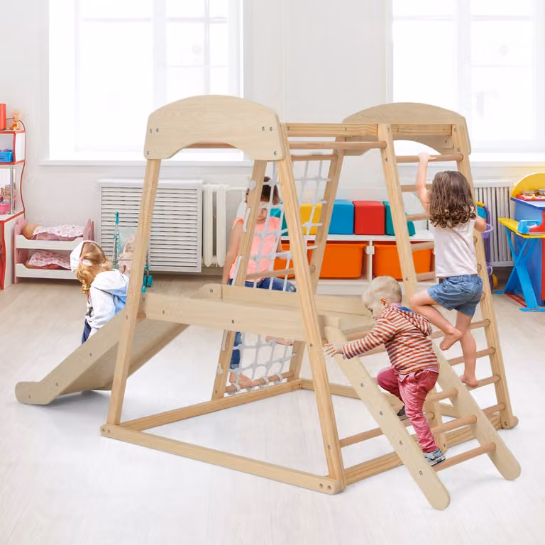 Costway Parco giochi 6-in-1 in legno naturale marrone per bambini con scivolo, barre per scimmia, corda e scale