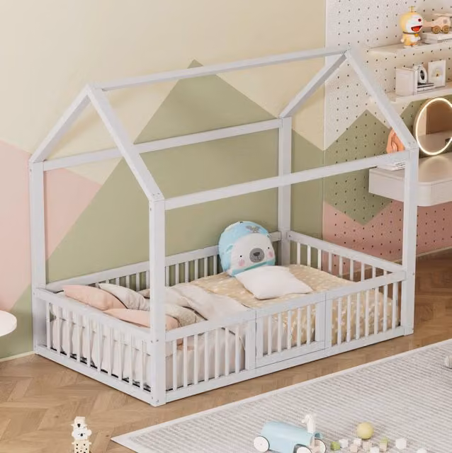 Letto a casetta per bambini 90x200 cm con sponde di sicurezza e porticina; bianco