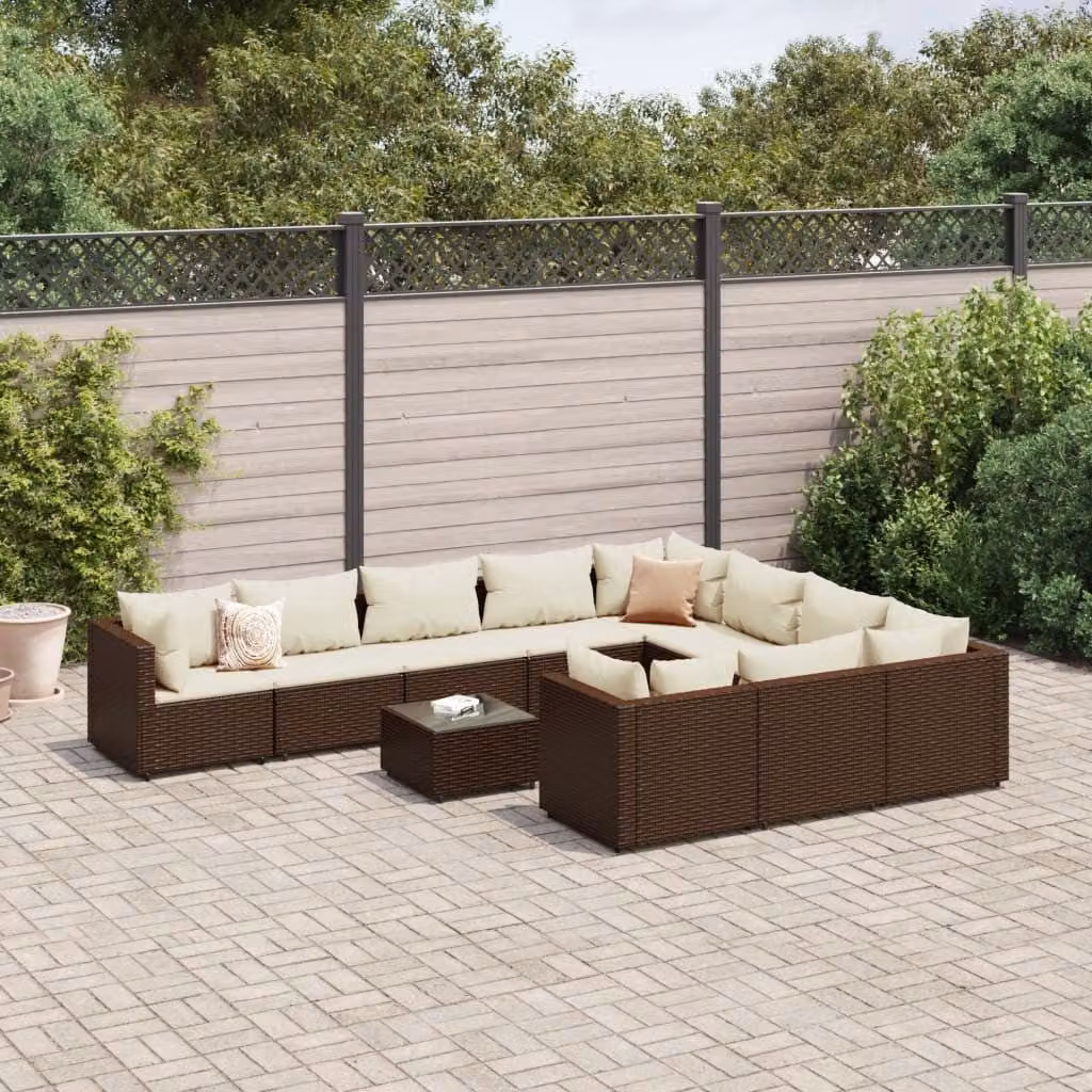 vidaXL Set Divani da Giardino 11 pz in Polyrattan Marrone e Bianco con Cuscini e Tavolino da Esterno