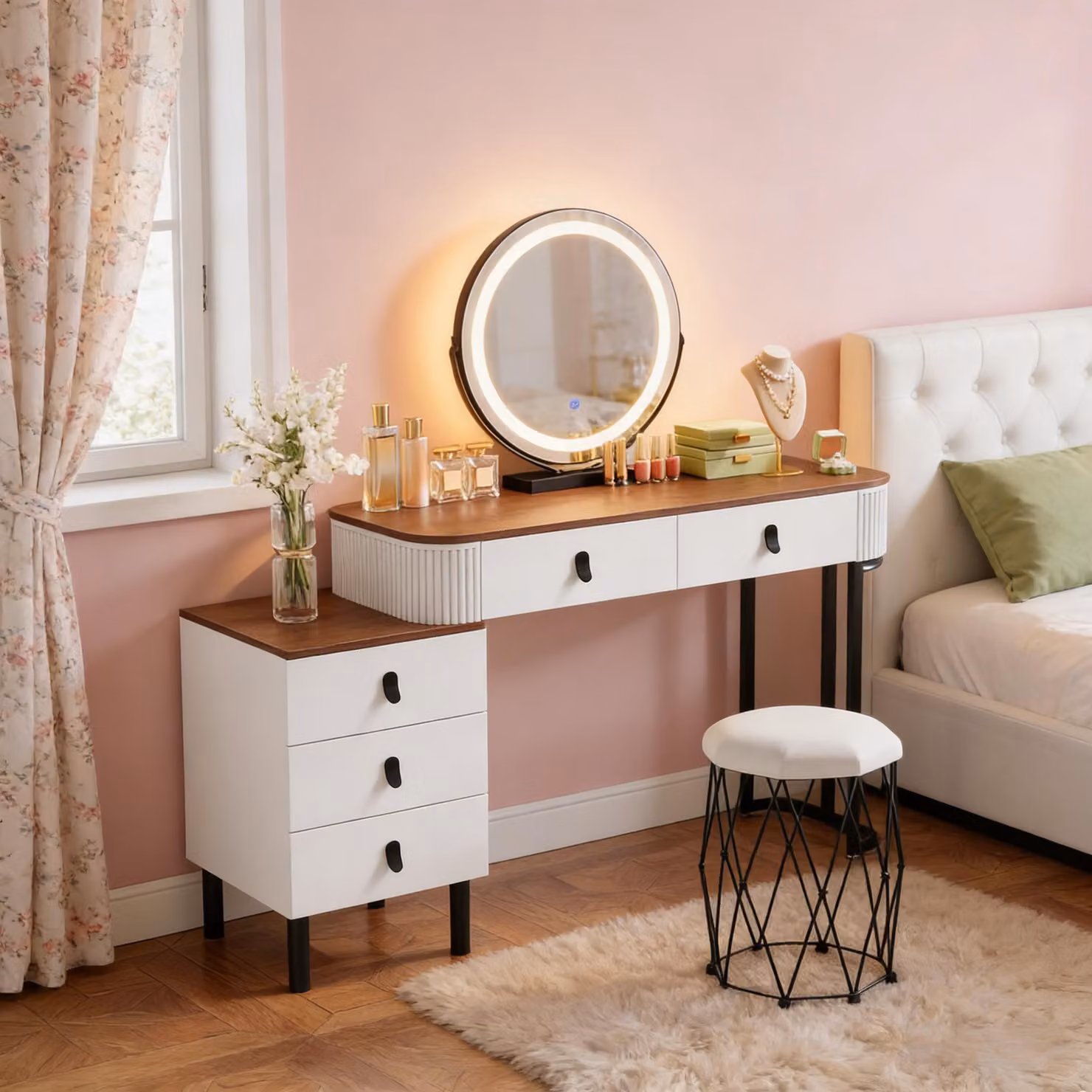 Comò elegante con sgabello per il trucco, comò con cassetto, scrivania (disponibile solo in combinazione con il comò e lo sgabello per il trucco)