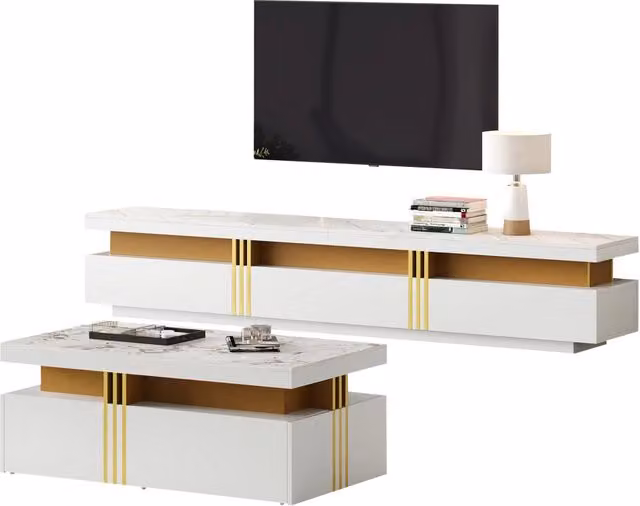 Mobile TV da parete e tavolino Chicfurn con vani contenitivi e cassetti, design moderno in MDF e metallo, finitura bianca lucida e dettagli oro per il tuo soggiorno – 1