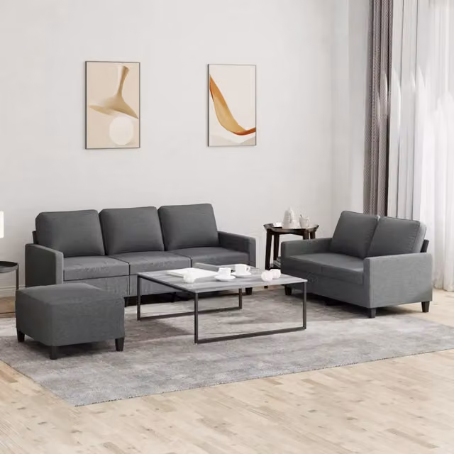Set di divani moderno vidaXL composto da divano a 3 posti, divano a 2 posti e pouf, rivestito in tessuto grigio con cuscini inclusi – 1