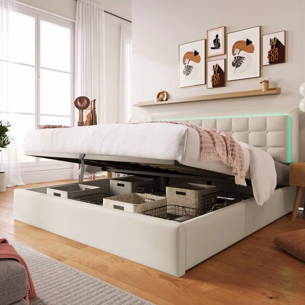 Letto contenitore Mivray con materasso e illuminazione LED in similpelle bianca, L/P: 140 x 200 cm – 2