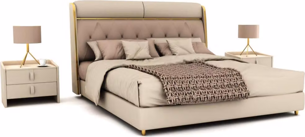 Stilvolles Beiges Schlafzimmer Bett Doppelbett Textilbetten LED-Bett