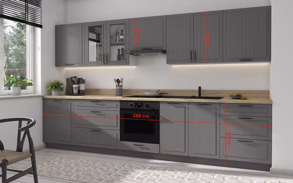 Mobile cucina LIVORNO cucina componibile 340x50cm estensione parziale bianco-lava frontali laccato opaco telegrigio
