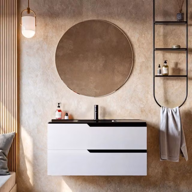 Mobile bagno 80cm sospeso bianco porcellana lavabo nero opaco - jaguar, selezione accessori con specchio