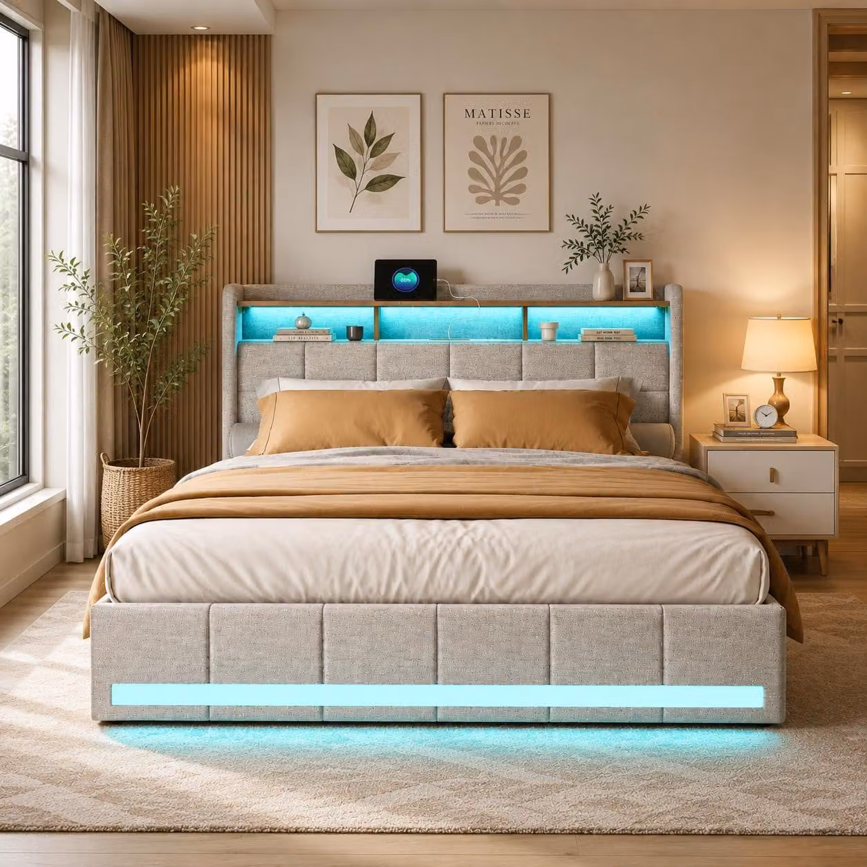 Letto imbottito INONEFT, 160x200 cm, con illuminazione LED e prese USB, letto matrimoniale per ragazzi con 4 cassetti e 3 vani portaoggetti, tessuto in lino, color beige