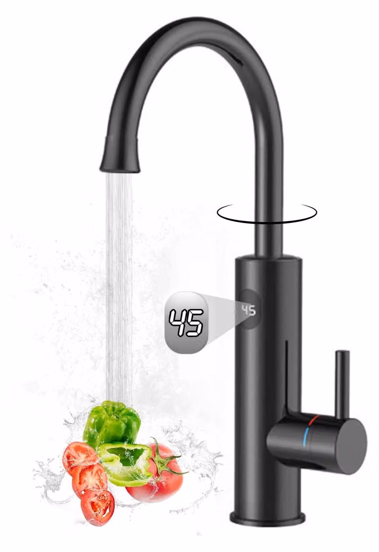 Rubinetto da cucina con resistenza riscaldante integrata, 3200 W, con illuminazione LED, girevole a 360°, colore nero