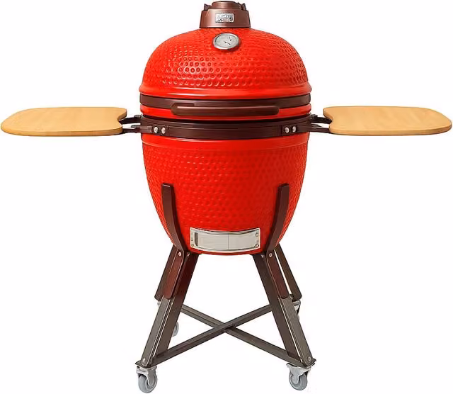 Kamado Barbecue a Carbone Rosso con Termometro e Ruote in Ceramica e Acciaio Inox