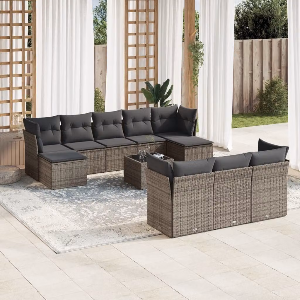 vidaXL Set Divani da Giardino 11 pz in Polyrattan Grigio con Cuscini e Tavolino da Esterno – 1