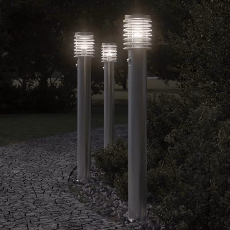 Set di 3 lampade da terra vidaXL per esterni in acciaio inossidabile argento con sensore di movimento, Altezza: 110 cm