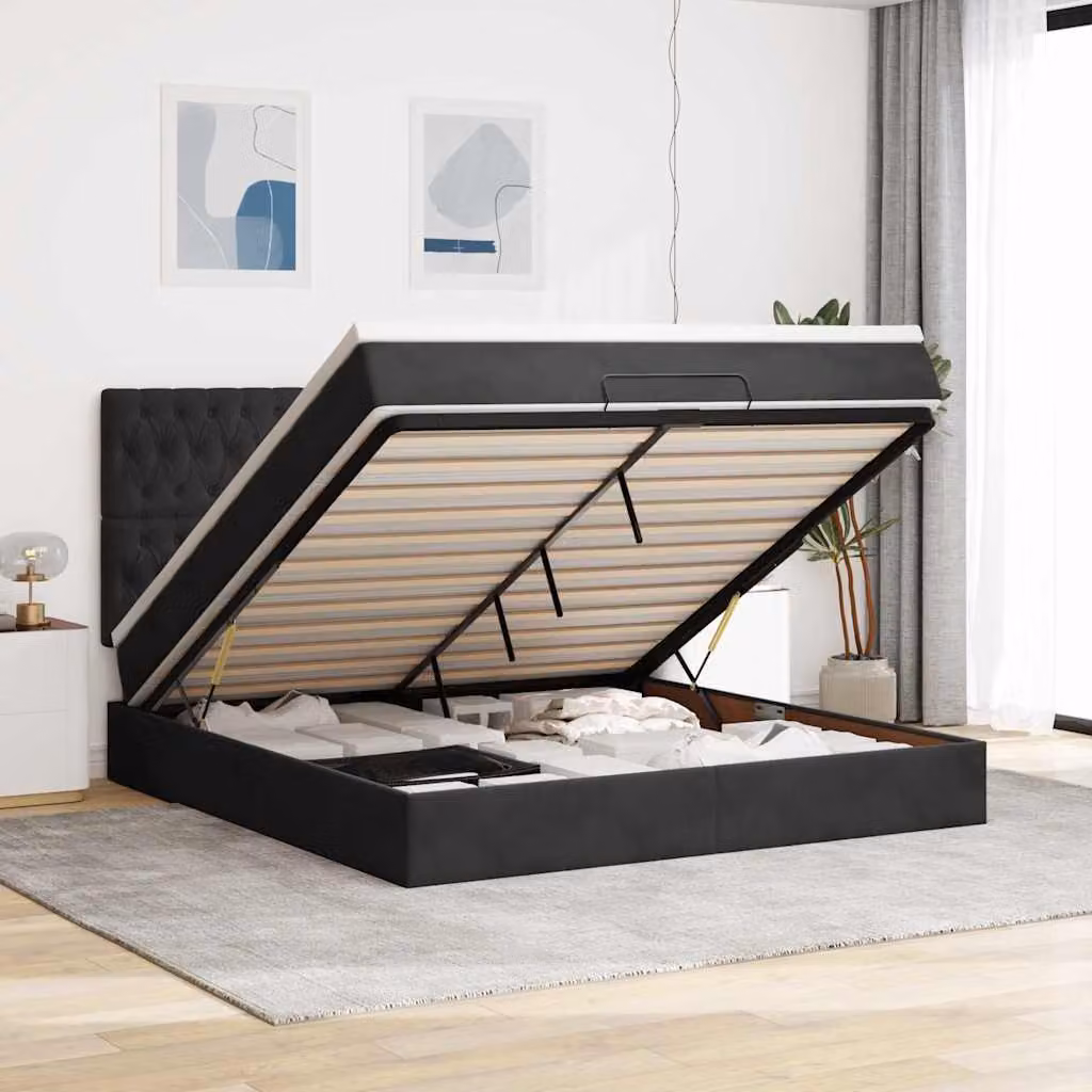 Letto con contenitore a sollevamento vidaXL in velluto nero con porte USB e illuminazione sottostante L/P/H: 200 x 180 x 128 cm