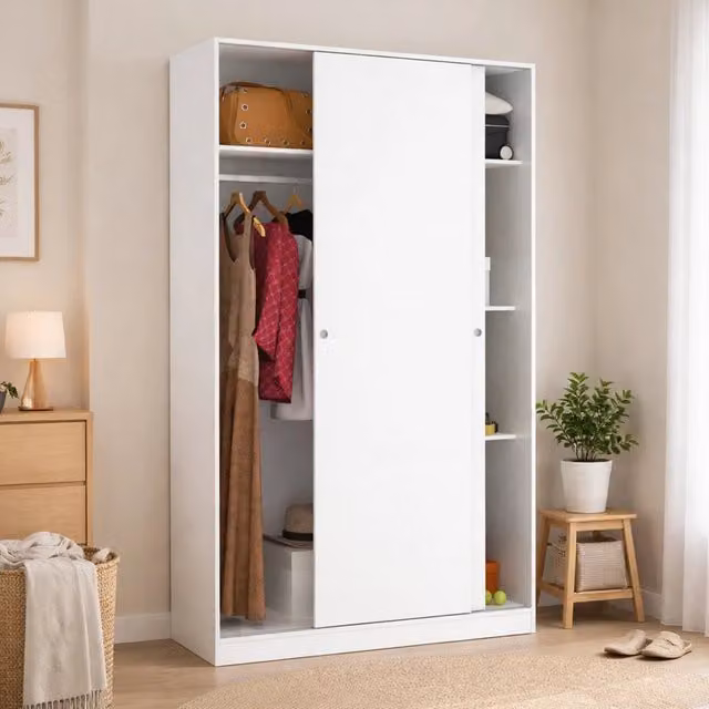 Armadio Alyson DMORA per camera da letto con 2 ante scorrevoli, Bianco lucido, L: 120 cm, P: 50 cm, H: 204 cm
