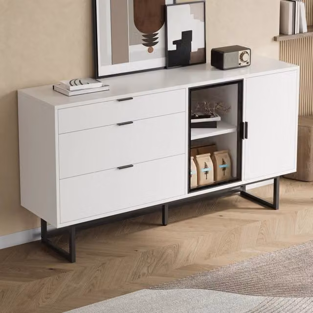 Credenza con vetrina LED tre cassetti e anta chiusa in MDF e pannello truciolare bianca 160 × 36 × 78 cm