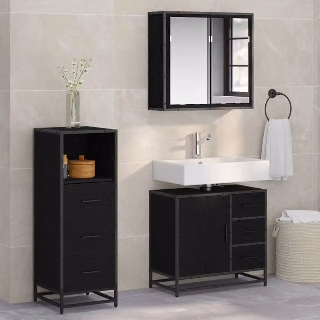 Set di mobili per il bagno 3 pz Rovere Nero 35 x 37,5 x 100 cm 3402425