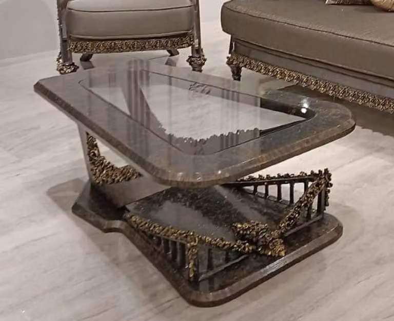 Tavolino barocco con piano in vetro grigio/oro - Tavolino rettangolare da salotto in stile barocco - Mobili barocchi - Mobili in stile barocco - Arredamento barocco - Nobile e sontuoso