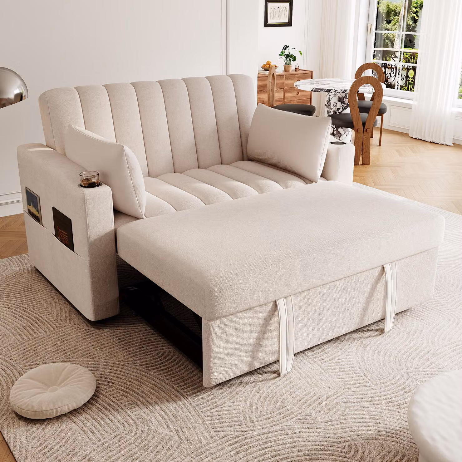 Divano letto Merax, con funzione sleep, divano letto a 2 posti con schienale regolabile, portabicchieri, set di divani, divano da salotto, beige