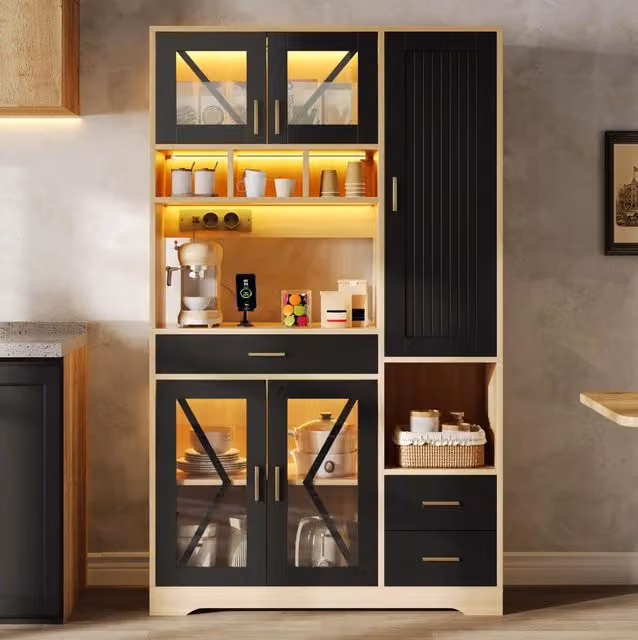 Credenza da cucina con LED a colori variabili; prese e vetro temperato; 105x40x185 cm; nero/naturale