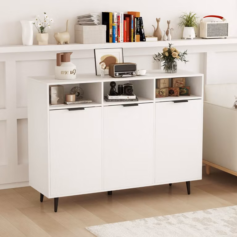Credenza buffet laterale Costway bianca con 3 scomparti aperti, 3 ante e 5 ripiani regolabili per cucina in stile moderno