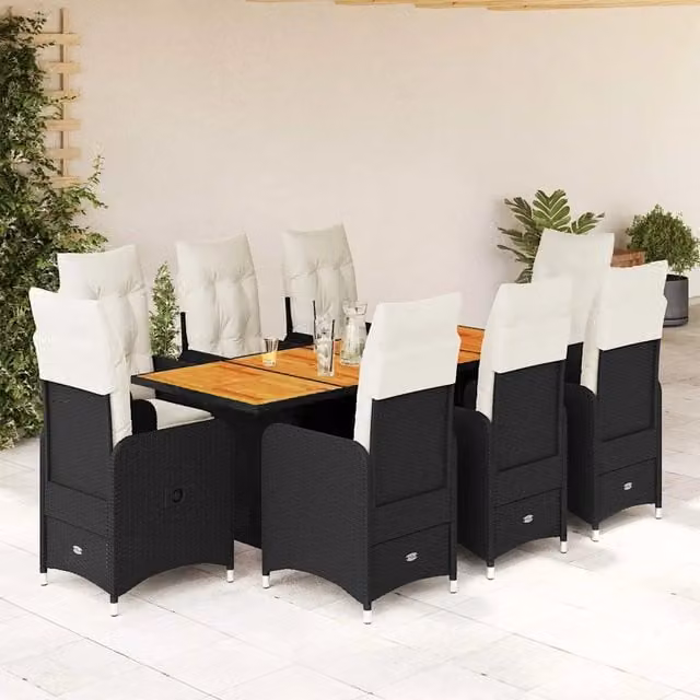 Set Bistrò da Giardino vidaXL in Polyrattan e Legno di Acacia con 9 Cuscini, Colore Nero e Bianco – 1