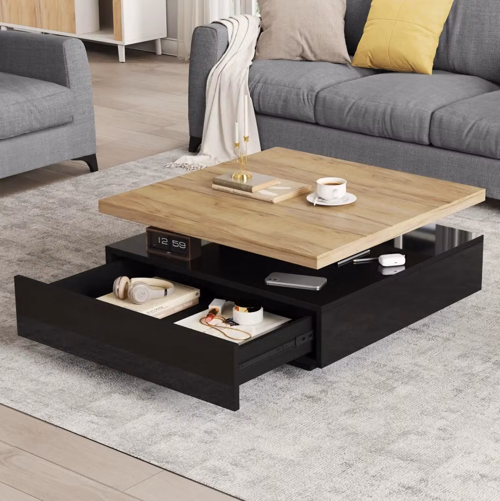 Tavolino da caffè quadrato MODFU con piano girevole a 360 e vano nascosto, L/P/H: 70 x 70 x 36 cm, noce e nero – 2