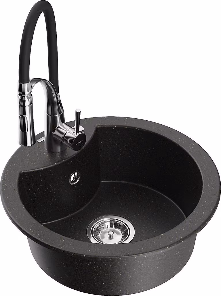 Mexen Diego lavello da cucina in granito a 1 vasca con miscelatore cucina Aster, nero/oro metallizzato - 6512-75-73450-70
