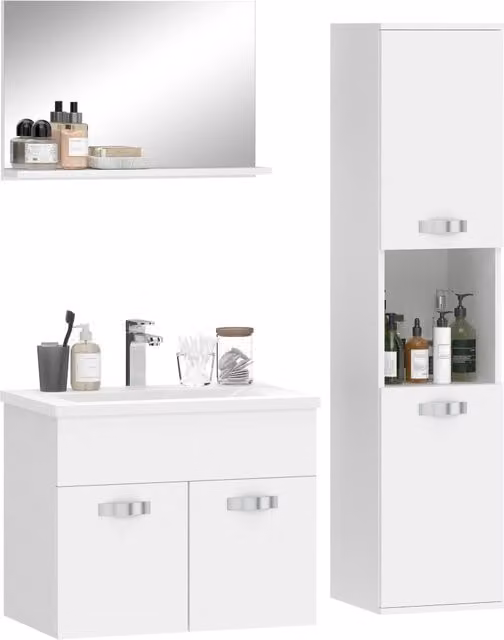 Set Bagno 4 Pezzi ¨C Minimal ¨C Bianco, Murali, con Specchio, Lavabo, Mobile Sottolavabo e Armadio Alto
