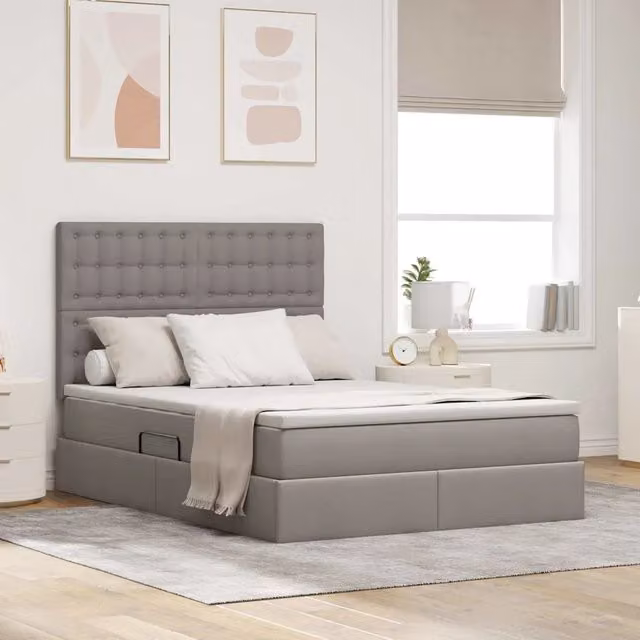 Letto con contenitore e materasso vidaXL in tessuto beige e grigio con illuminazione LED e porte USB L/P/H: 204 x 144 x 128 cm – 1