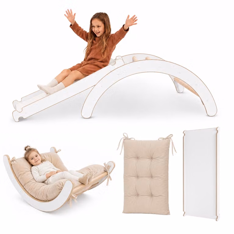 MAMOI® Struttura di arrampicata per interni 3 in 1 SET. Arco di arrampicata Montessori con tappetini, parco giochi indoor 1-3 anni e scivolo per bambini.