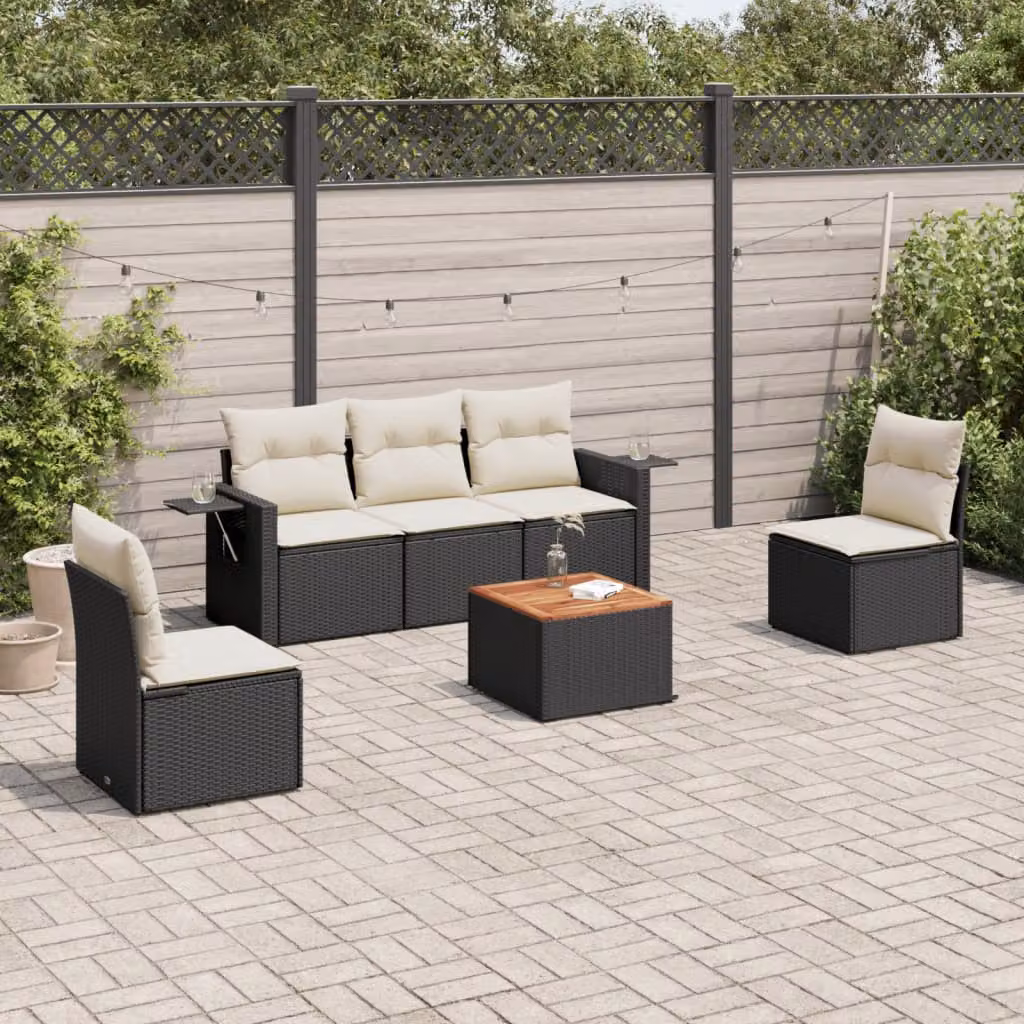 vidaXL Set Divano da Giardino 6 pz in Polyrattan Nero con Cuscini e Tavolino da Caffè – 1
