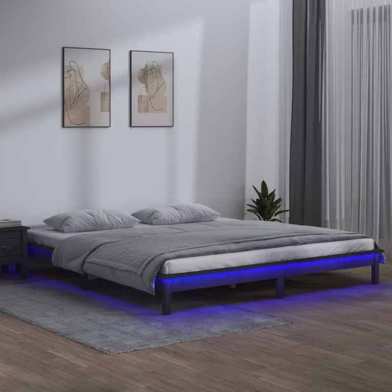 The Living Store Letto in legno massiccio con LED Grigio 120x190 cm