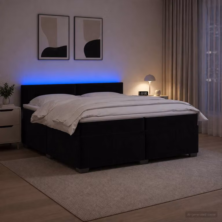 Letto con Box Spring, Materasso e Illuminazione LED vidaXL in Velluto Nero, L/P: 200 x 200 cm