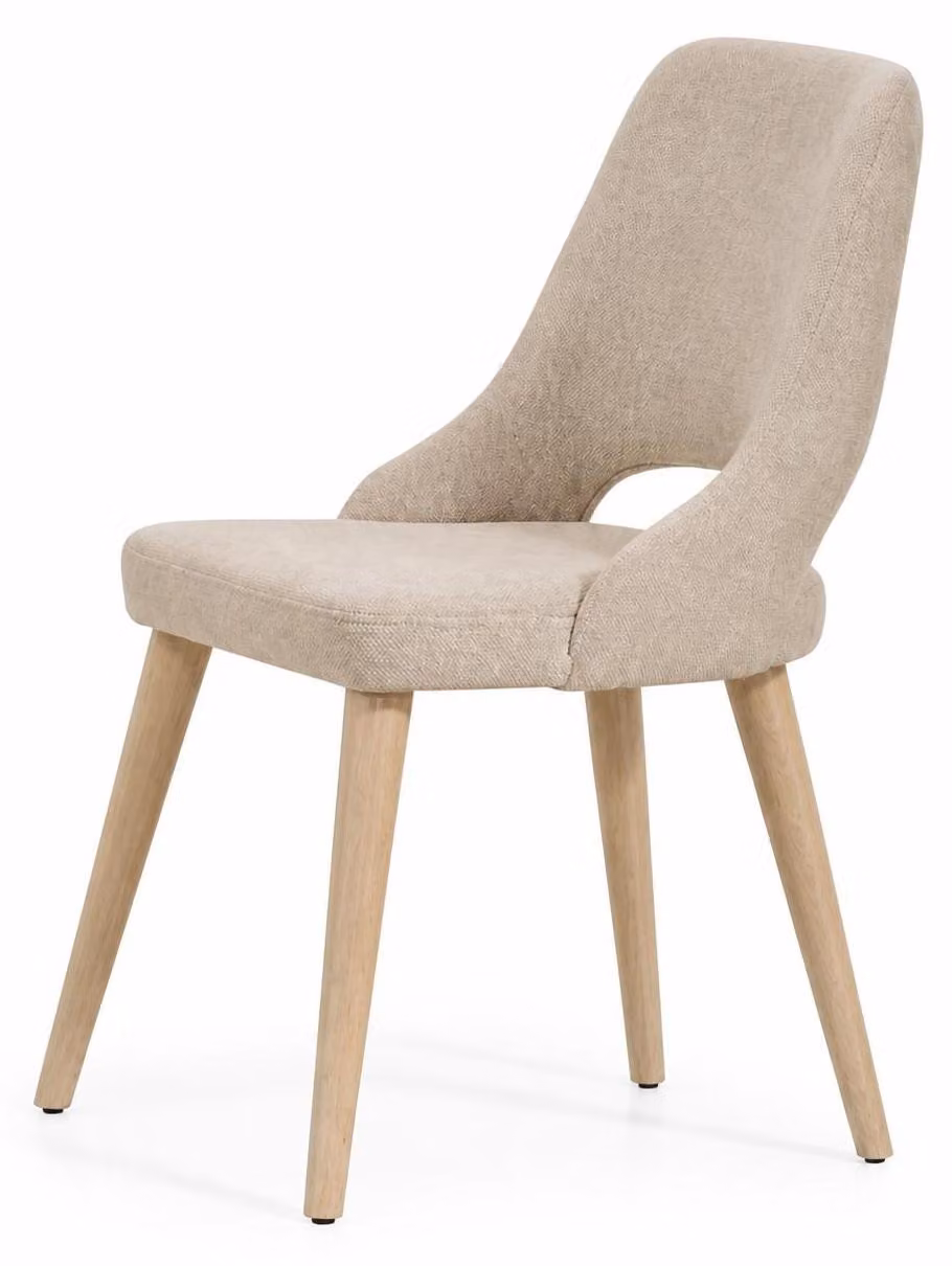 Sedia da pranzo moderna in legno di quercia, con rivestimento in tessuto color crema e design elegante