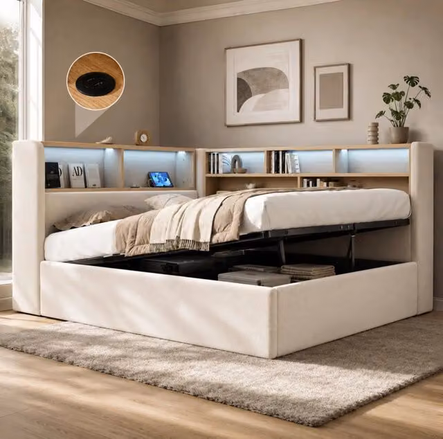 Letto imbottito 140x190 cm beige in velluto; vano idraulico e LED