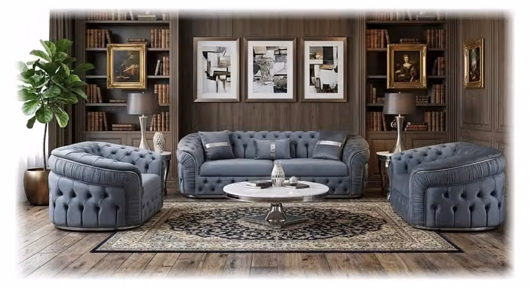 Divano Chesterfield grigio moderno, composto da: 2 poltrone e un divano a tre posti