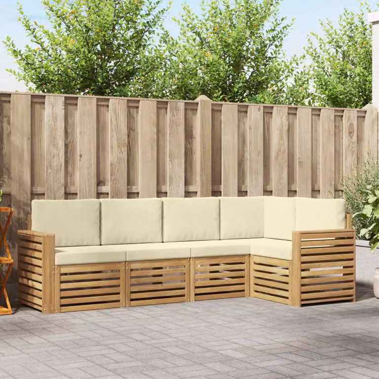 Set di divani da esterno vidaXL 5 pz a forma di L in legno di acacia con cuscini bianchi e beige