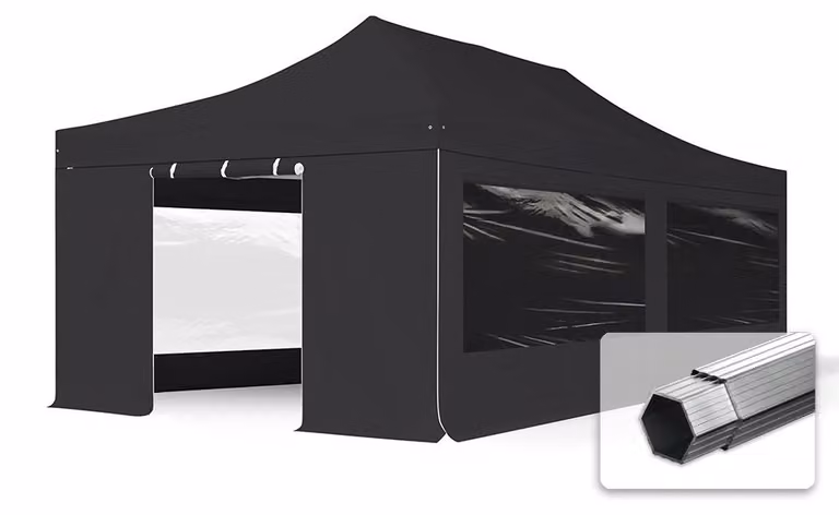 TOOLPORT 4x8m gazebo pieghevole PES con laterali (finestre panoramiche), PROFESSIONAL alluminio, nero