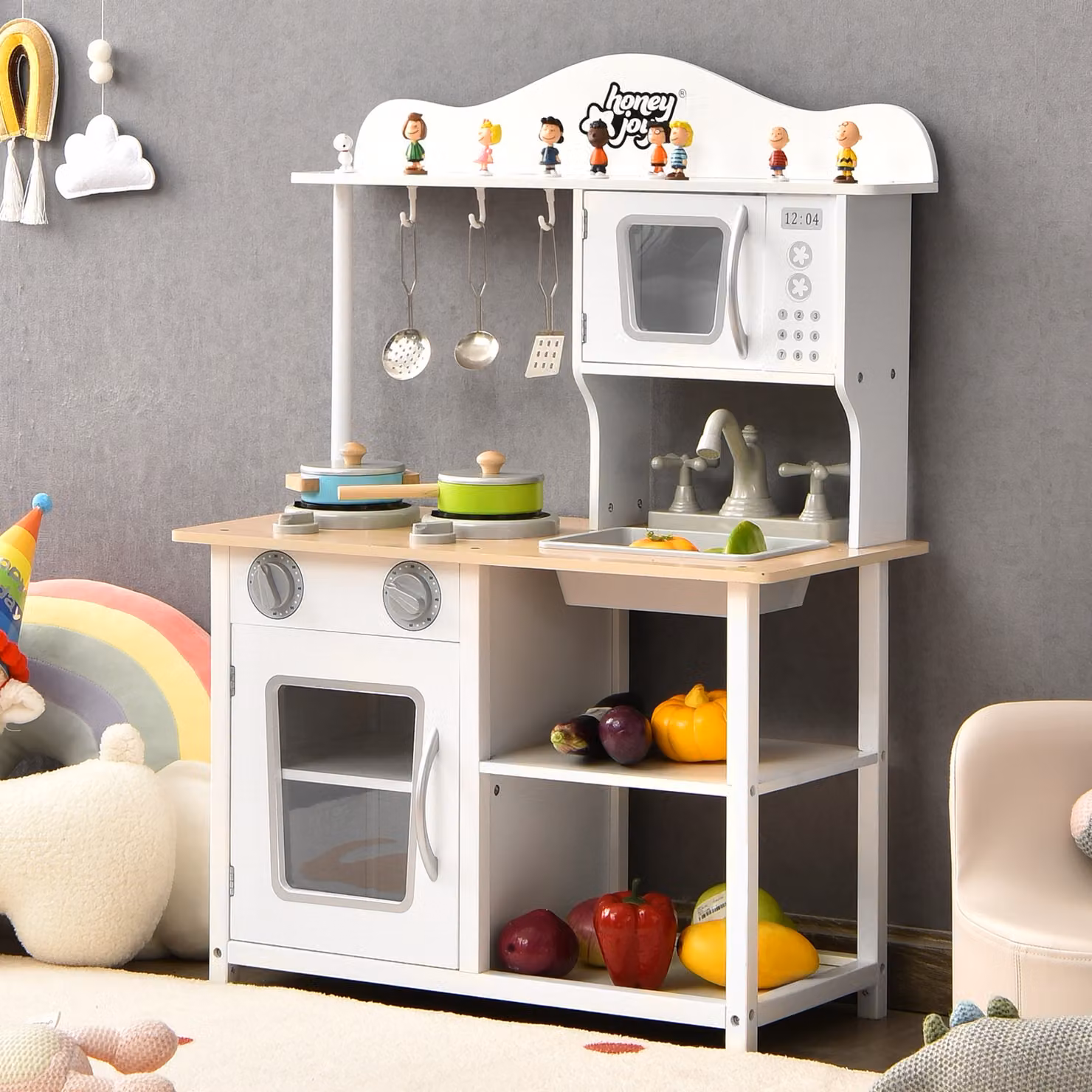 Set cucina giocattolo in legno Costway per bambini con lavello, fornello, pentole e utensili, Bianco