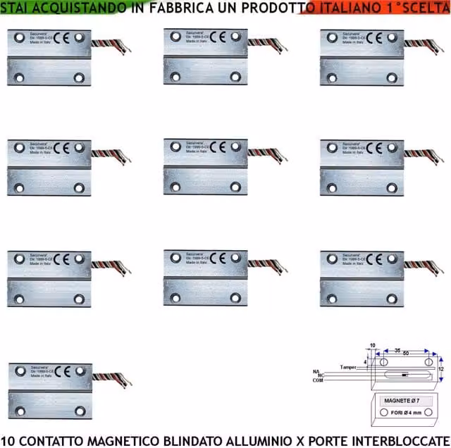 Set di 10 sensori Reed Securvera per antifurto, contatto magnetico blindato per porte e finestre in alluminio, colore argento, con funzione tamper e protezione IP65