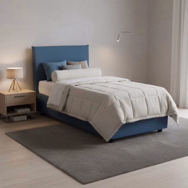 Letto singolo contenitore Alison di Talamo Italia con materasso incluso, rivestimento in tessuto blu, apertura frontale, dimensioni materasso: 90 x 200 cm – 1