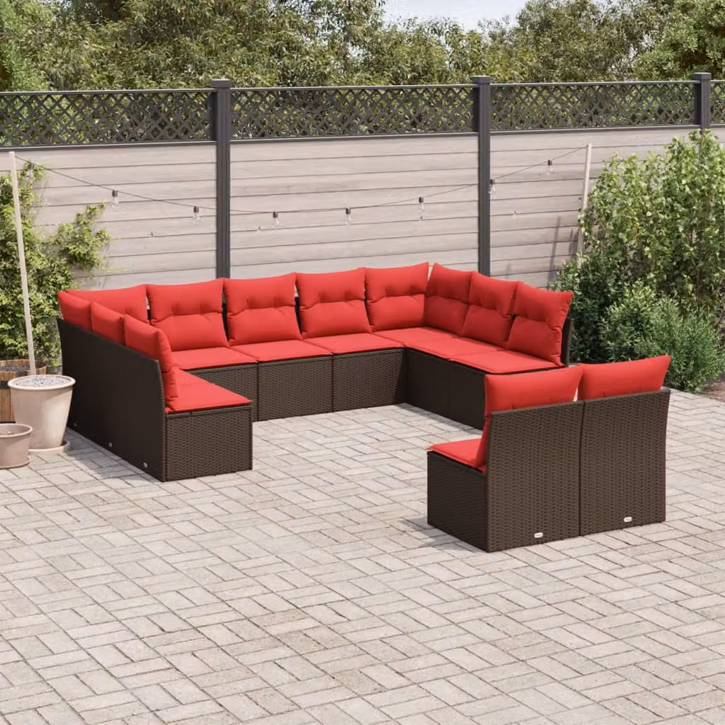 Set di divani da giardino vidaXL a forma di U composto da 11 pezzi con cuscini marroni in polyrattan e struttura in metallo rivestito