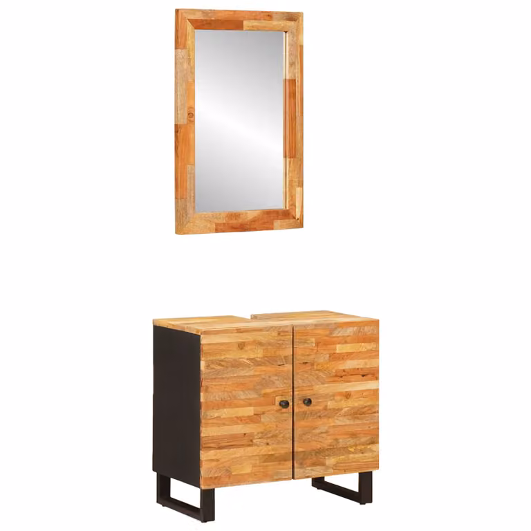 Set da bagno moderno vidaXL in legno di mango marrone composto da mobile lavabo e armadietto con specchio L/P/H: 68.0 x 33.0 x 62.0 cm