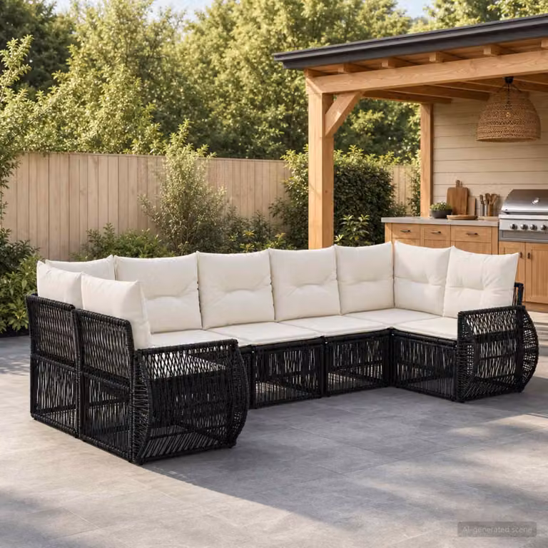 Set Divano da Giardino vidaXL 7 posti a forma di U con struttura in acciaio verniciato e cuscini inclusi, Bianco e Nero
