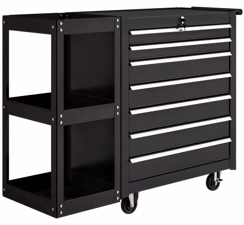 Carrello da officina Moonbite con 7 cassetti, ripiano laterale removibile, serratura centralizzata, 4 ruote con freno, capacità di carico 120 kg, acciaio, colore nero